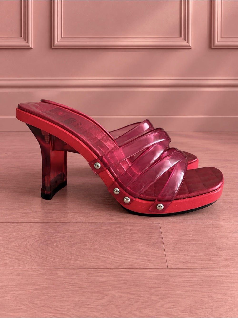Y2K Browns Bravo Red Clear Strap Mule Heels